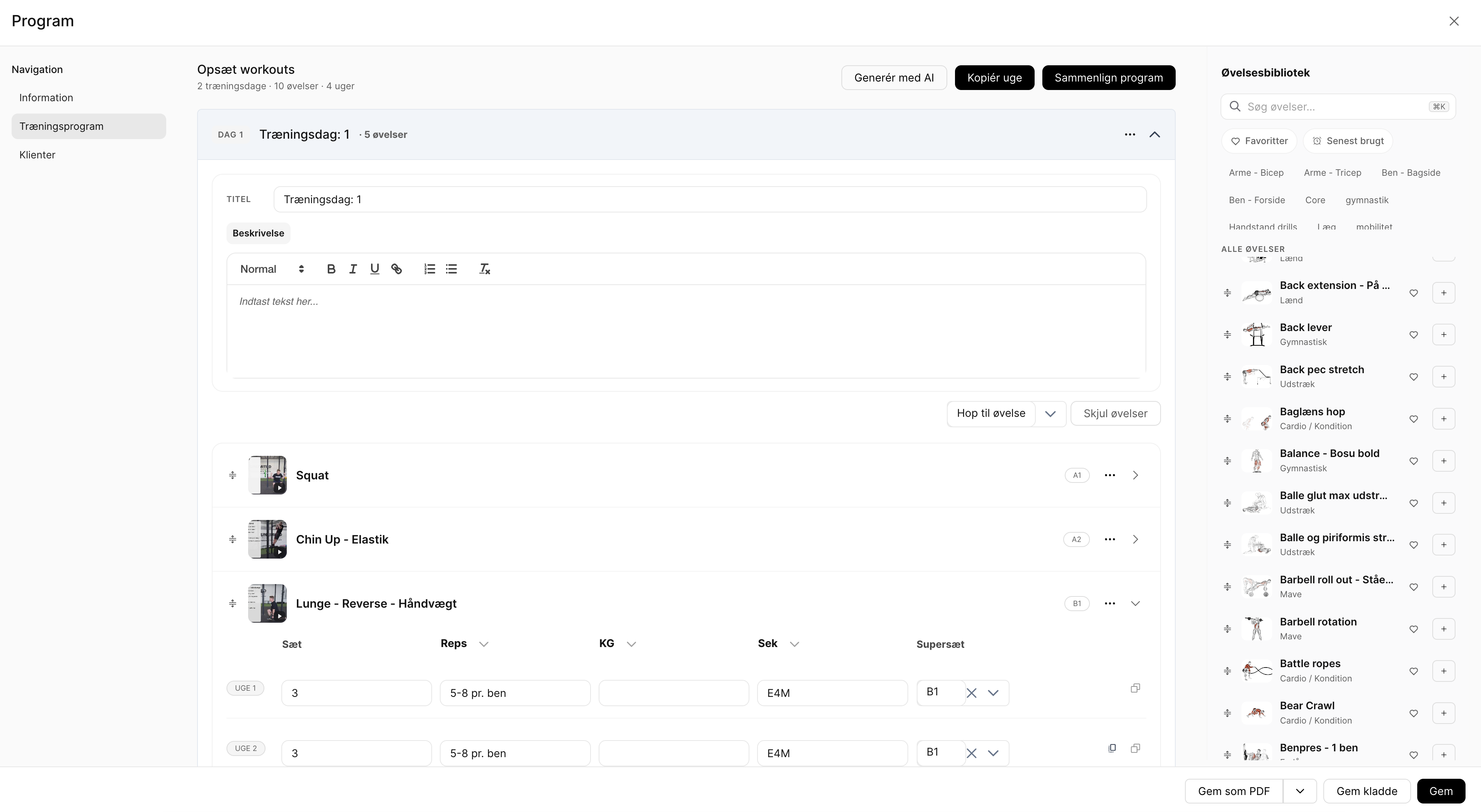 Personlig træner software — træningsprogram-builder med øvelsesbibliotek og uge-for-uge-tabel